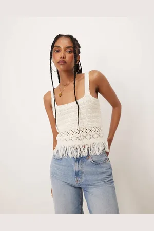 ASOS Ecrufarvet hæklet strikket top med frynser-Brun