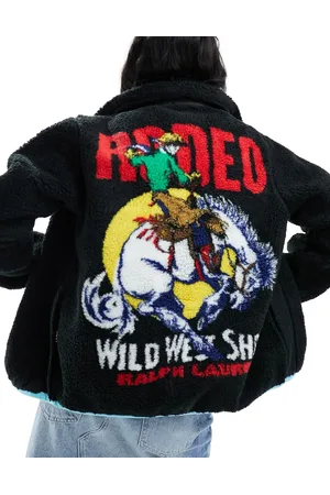 Ralph Lauren Sherpa-jakke i imiteret lammeskind med rodeo-print på ryggen