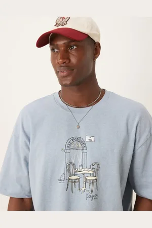 ASOS Oversized lyseblå T-shirt i hørblanding med grafisk caféprint i firkantet pasform