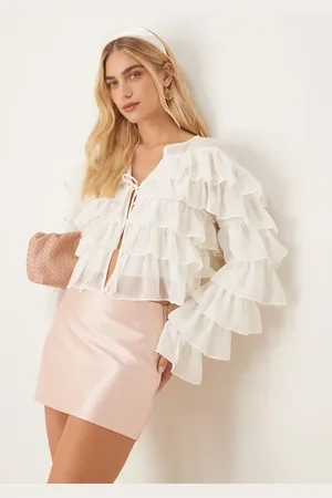 Gina Tricot Cropped bluse med lange ærmer, flagrende flæser og bindebånd foran