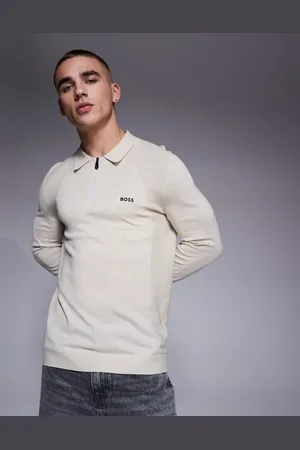 HUGO BOSS Momentum - strikket polo med halv lynlås og logo i bomuld-Neutral