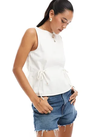 ASOS Ecrufarvet tanktop med indsyet talje med bindebånd i denim-Hvid