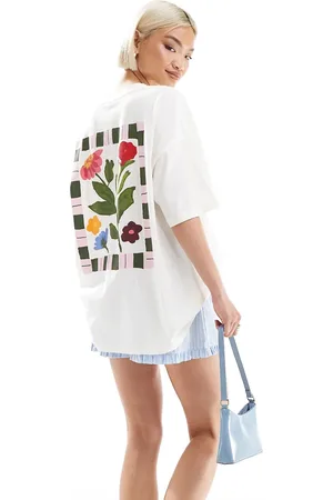 ASOS Oversized cremehvid T-shirt med blomsterprint med stribet kant