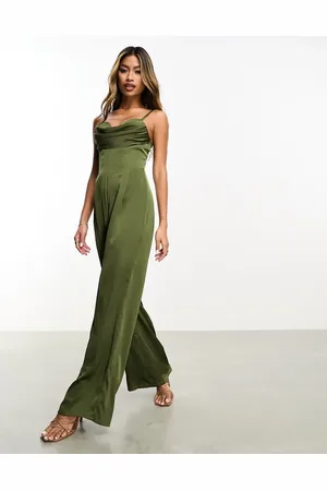 Jaded Rose Olivengrønt korset-jumpsuit i satin