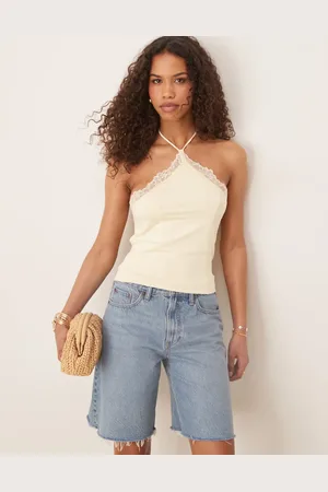ASOS Stram og lysegul halterneck-top med blondekanter