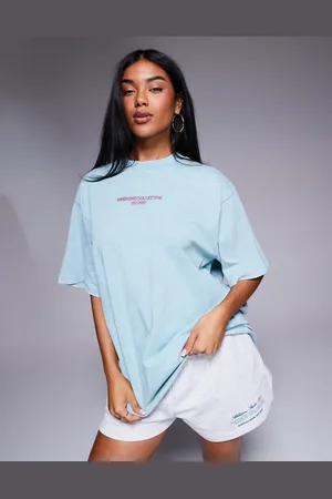 ASOS Weekend Collective - Icon - Vasket blå oversized T-shirt med stort tekstprint på ryggen