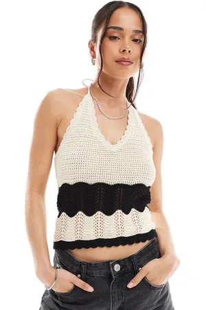 VERO MODA Hæklet og strikket halterneck-top i hvid/sort