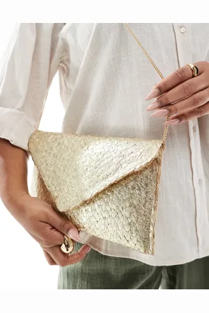 Glamorous Guldfarvet og metallisk clutch-taske i strå med kuvertlukning