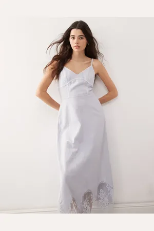 Reclaimed Lyseblå cami-midikjole i denim med blondepanel