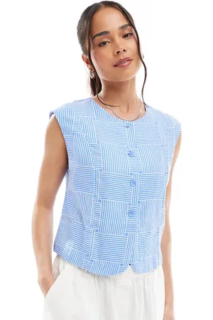 Object Blå cropped vest-top med dobbeltskraveret print-Hvid