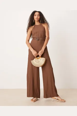 MANGO Brunt og ærmeløst jumpsuit med vævet bælte i bomuld