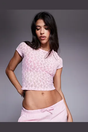 ASOS Pink baby-T-shirt med korte ærmer i blondestof-Lyserød