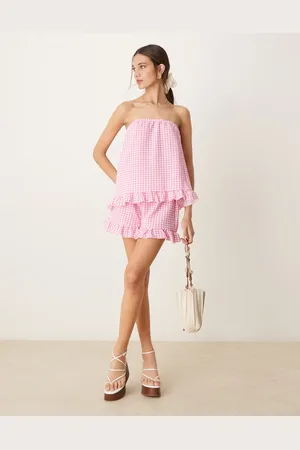 ASOS Pink shorts med flæsekant og gingham-tern - Del af sæt