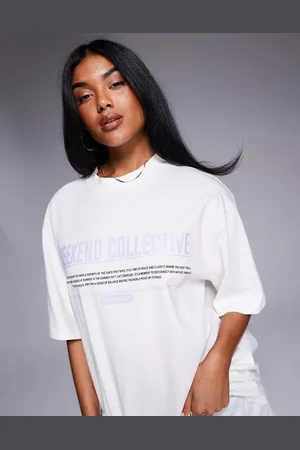 ASOS Weekend Collective - Cremefarvet og syrenfarvet oversized T-shirt med grafik på brystet-Hvid