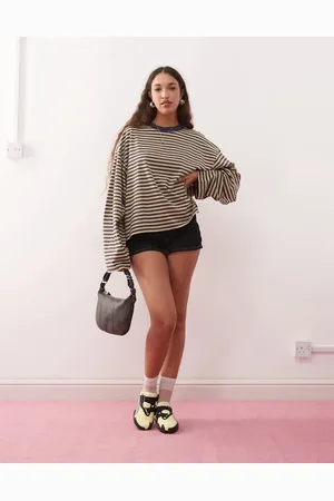 Lioness Bloom - Oversized T-shirt med lange ærmer og beige/marineblå striber-Neutral