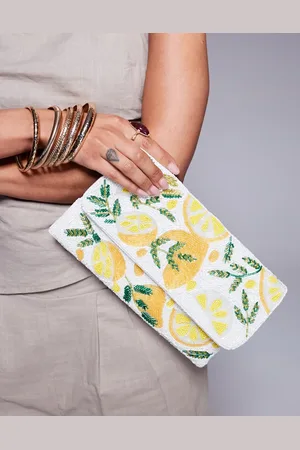 True Decadence Hvid og gul clutch-tasker med perler i citrondesign