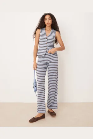 ASOS Brune og blå bukser med vide ben og striber - Del af sæt