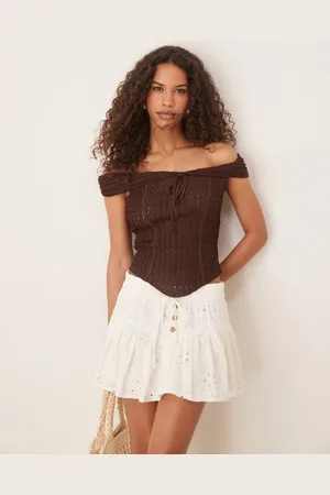 ASOS Kortærmet og chokoladebrun offshoulder-top med tekstur og bindedetalje
