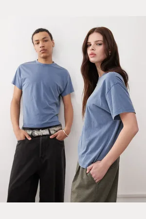 Reclaimed Unisex - Cropped Slim Fit-t-shirt med firkantet pasform i blå vask