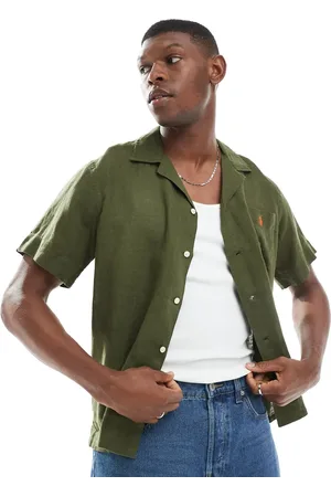Ralph Lauren Klassisk oversized skjorte med reverskrave, korte ærmer og logoikon i hør