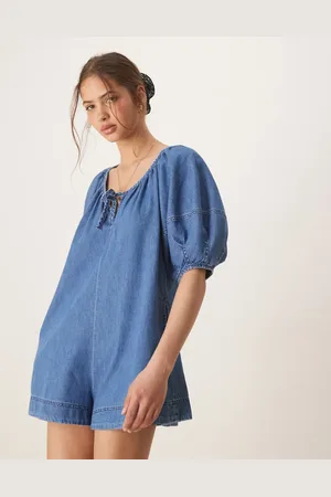 ASOS Mellemvasket blåt playsuit med ballonærmer i blød denim