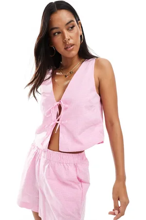 ONLY Pink top med bindebånd foran og gingham-tern - Del af sæt-Lyserød