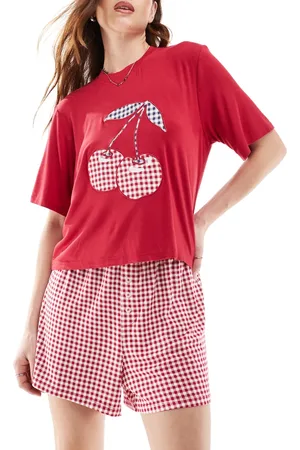 Cotton On Cotton On - Kirsebærrødt sovesæt i blød jersey med korte ærmer og gingham-tern-Lyserød