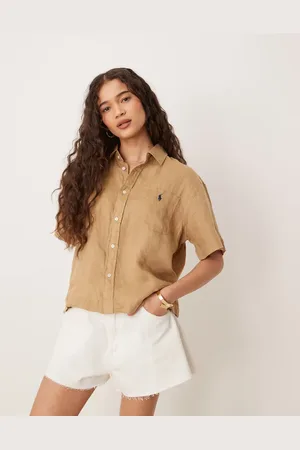 Ralph Lauren Gyldenbrun og cropped hørskjorte i firkantet snit med korte ærmer