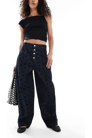 ASOS Jeans med barrel-ben og velouriseret småblomstret print-Marineblå
