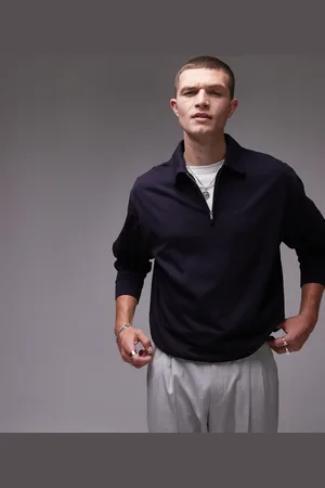 ARKET Marineblå top med polokrave og halv lynlås i jersey