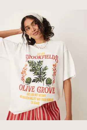 ASOS Cremehvid oversized T-shirt med grafik med olivenlund