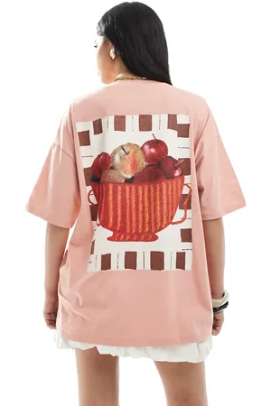 ASOS Oversized T-shirt i støvet rosa med rustik frugtskål-print-Lyserød
