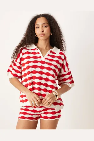 ASOS Strikket afslappet polotop med sømdetaljer og røde/hvide striber - Del af sæt-Multifarvet