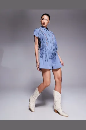 ASOS Støvet blåt playsuit med frynser og broderier i imiteret ruskind