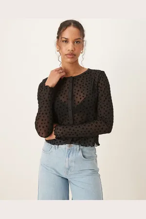 ASOS Top med lange ærmer, gennemgående knapper og velouriseret blomstermønster i mesh