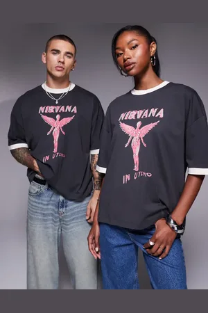 ASOS Nirvana - Unisex - Koksgrå, firkantet og oversized T-shirt med print på brystet