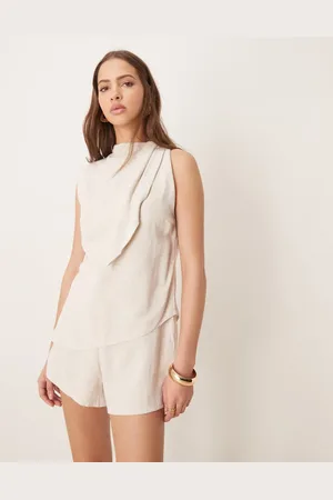 ASOS Beige playsuit med dobbeltlag og bindedetalje i halsen i hørblanding-Neutral