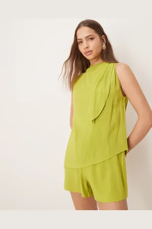 ASOS Limegrønt playsuit med bindedetalje i halsen og dobbeltlag i hør