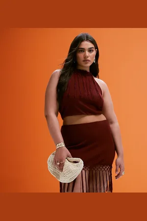 ASOS ASOS DESIGN Curve - Rustrød halterneck-top med frynser - Del af sæt