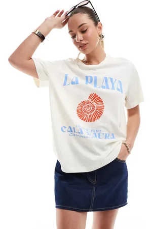 ASOS Cremehvid T-shirt med muslingegrafik i hørlook i regular fit