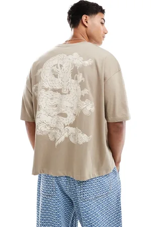 ASOS Beige oversized T-shirt med dragegrafik i firkantet pasform-Neutral