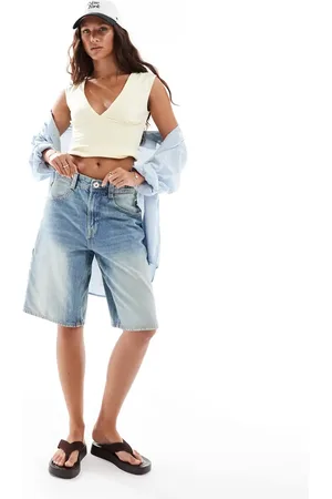 Bershka Mellemblå baggy longline shorts med justerbar talje