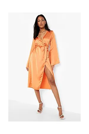 Boohoo Tall Wrap Bell Sleeve Satin Dress