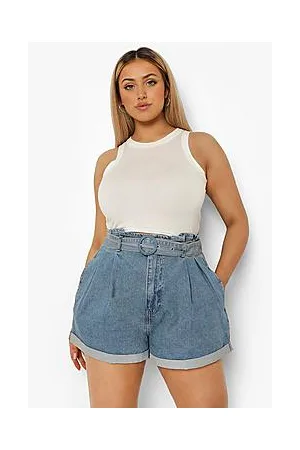 Boohoo Plus Belted Paper Bag Denim Shorts