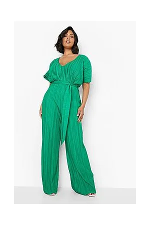 Boohoo Plus Plisse Kimono Sleeve Belted Jumpsuit