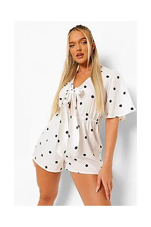 Boohoo Polka Dot V Neck Tie Front Playsuit