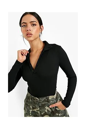 Boohoo Rib Button Up Collared Bodysuit