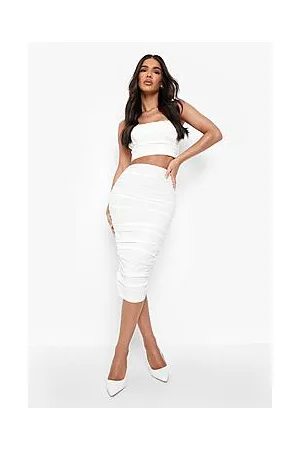 Boohoo Woven Stretch Bardot Crop & Ruched Midi Skirt