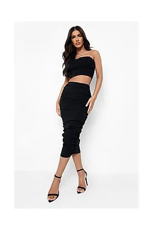 Boohoo Woven Stretch Bardot Crop & Ruched Midi Skirt