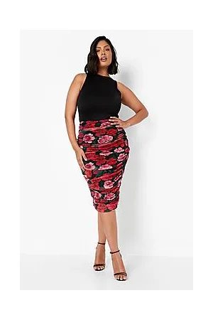 Boohoo Plus Rose Print Ruched Mesh Midi Skirt